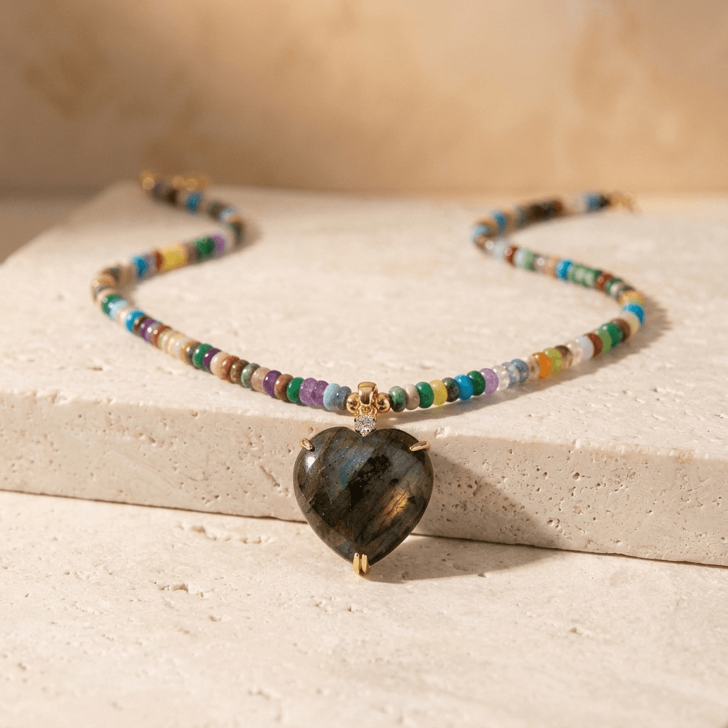 Labradorite Heart Multicolor Beaded Necklace
