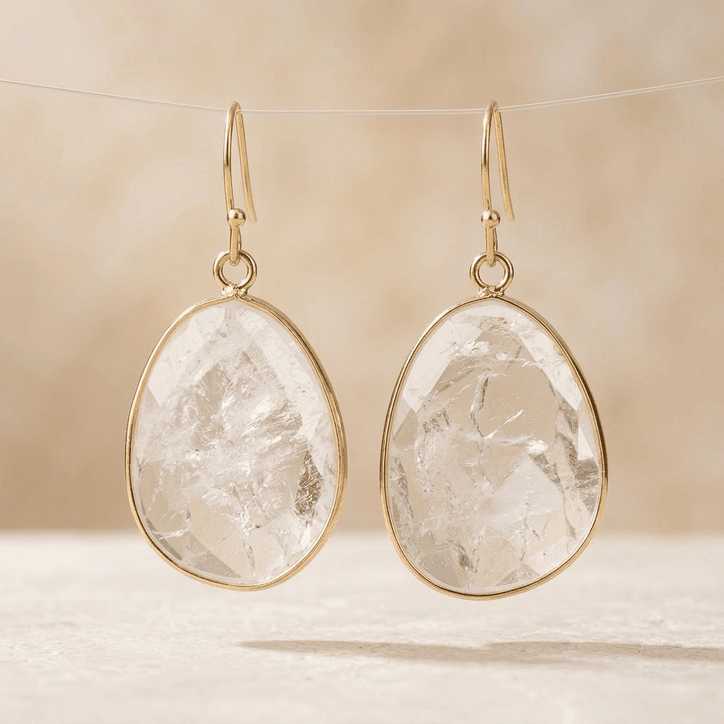 Clear Quartz Gold Teardrop Dangle Earrings