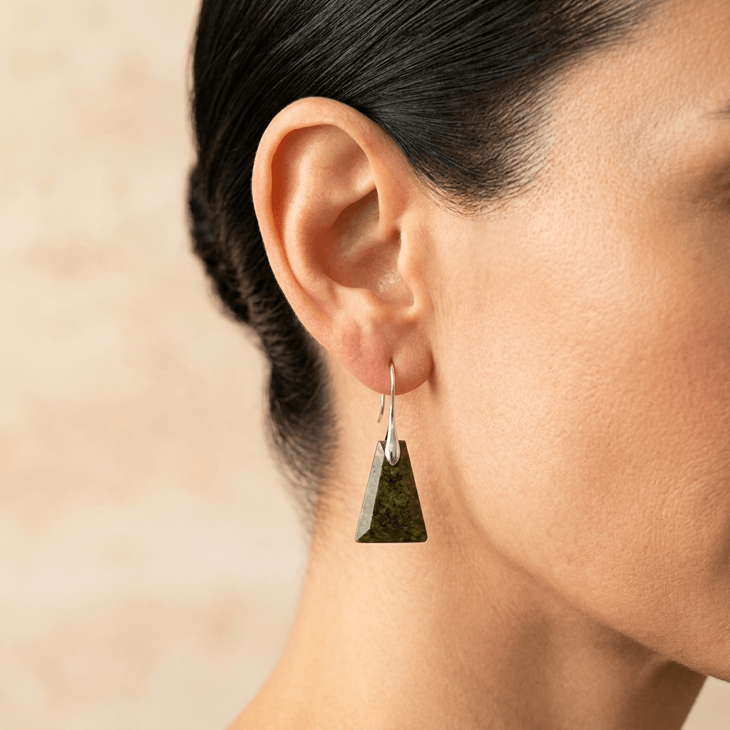 Natural Green Jasper Pyramid Silver Earrings