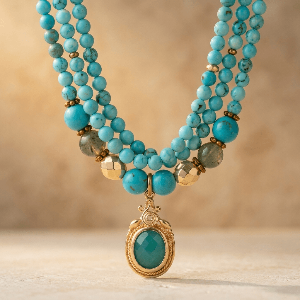 Turquoise Gold Beaded Pendant Necklace