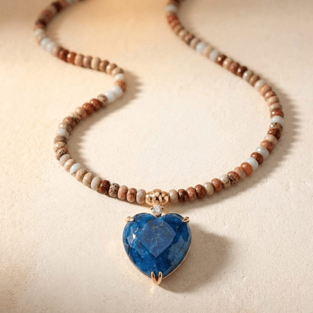 Blue Lapis Heart Gold Beaded Necklace