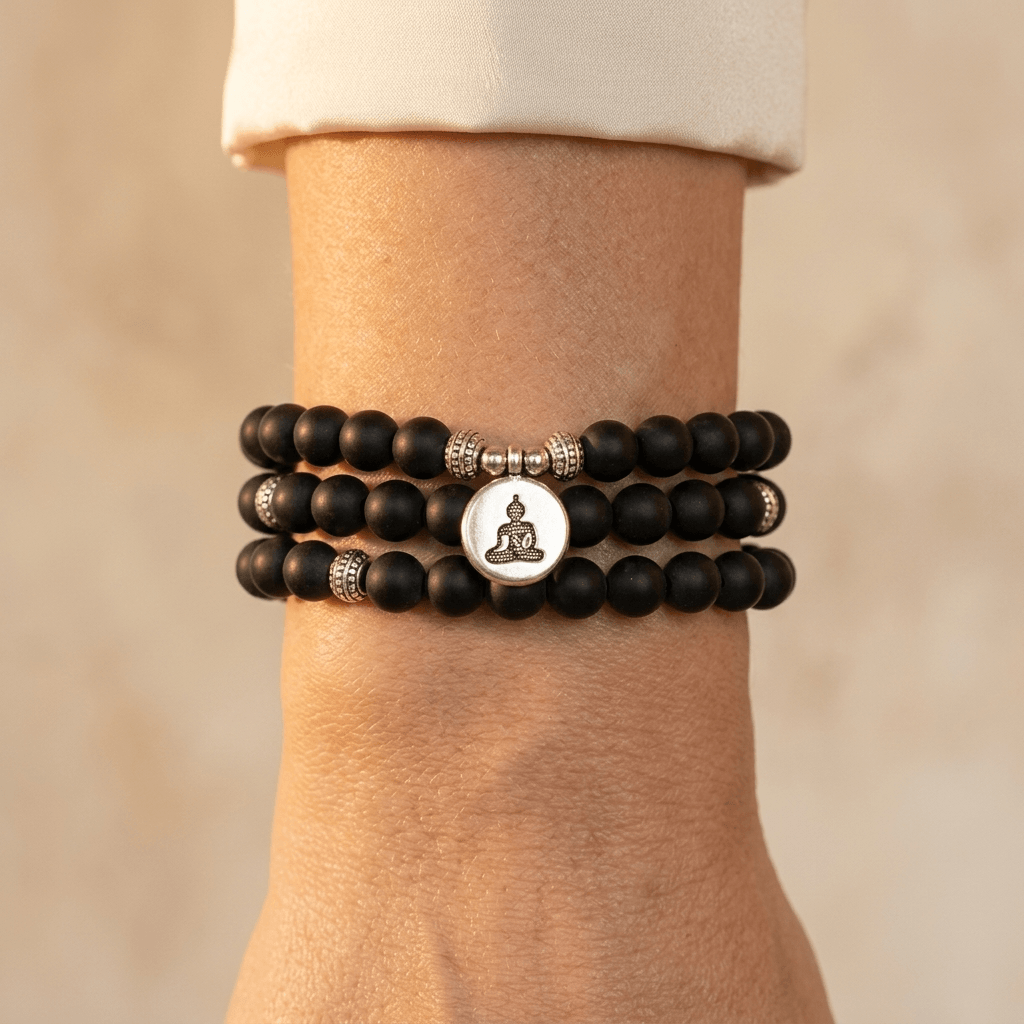 Matte Black Onyx Buddha Charm Beaded Bracelet