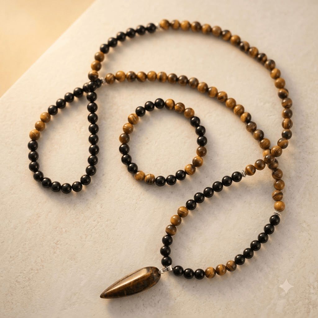 Natural Tiger Eye Black Onyx Mala Necklace