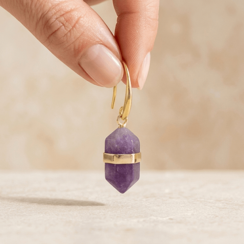 Natural Amethyst Gold Hexagonal Drop Earrings