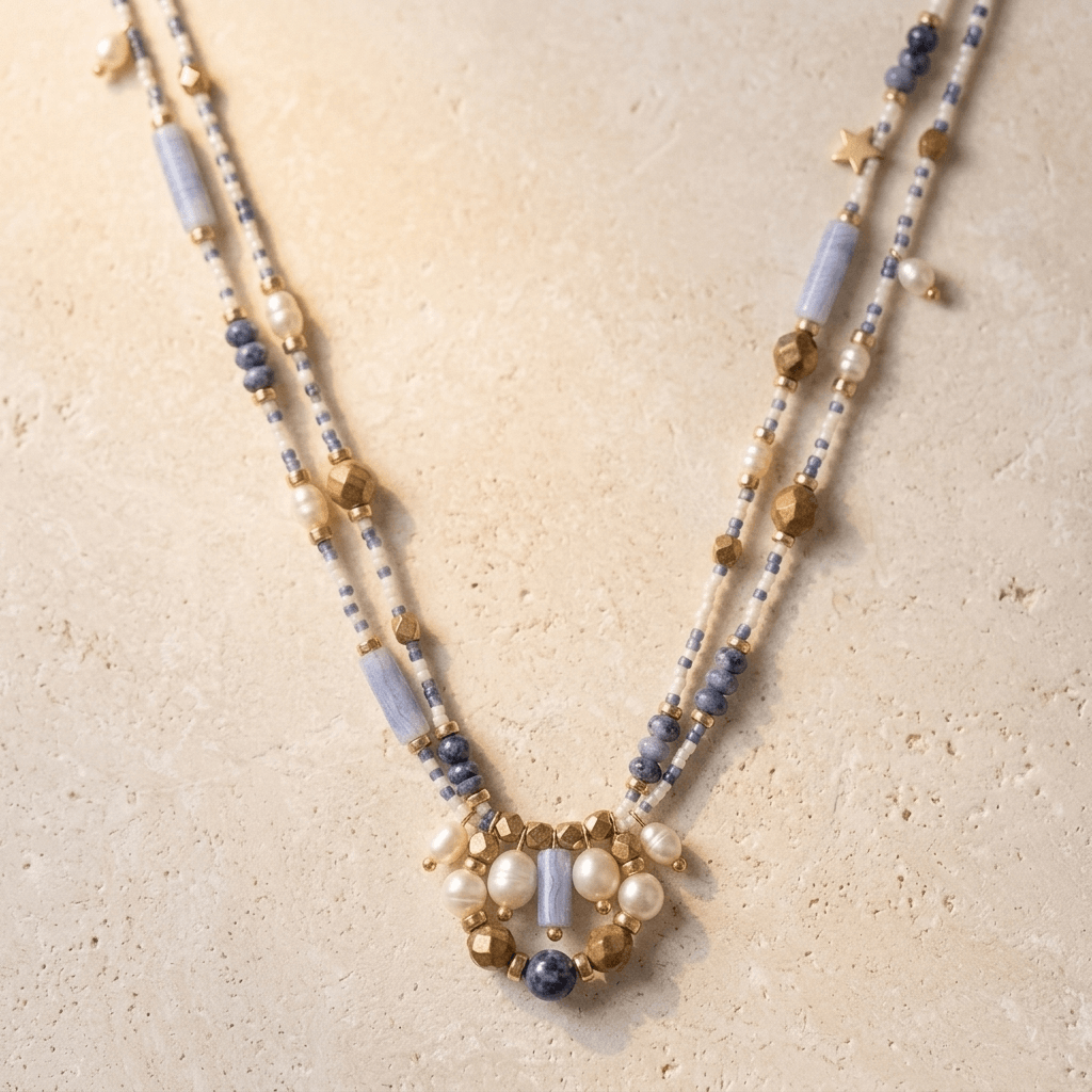 Blue Sodalite Pearl Gold Beaded Necklace