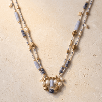 Blue Sodalite Pearl Gold Beaded Necklace