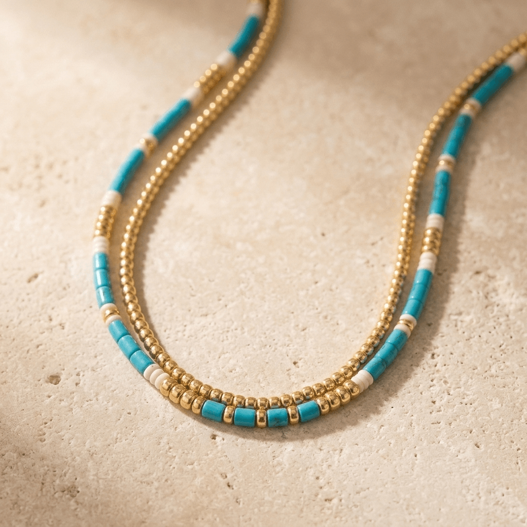 Turquoise Gold Bead Layered Necklace