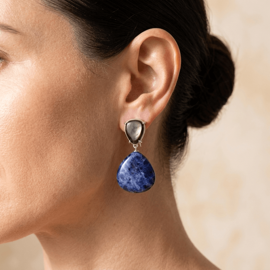 Blue Sodalite Mother Of Pearl Silver Drop Earrings