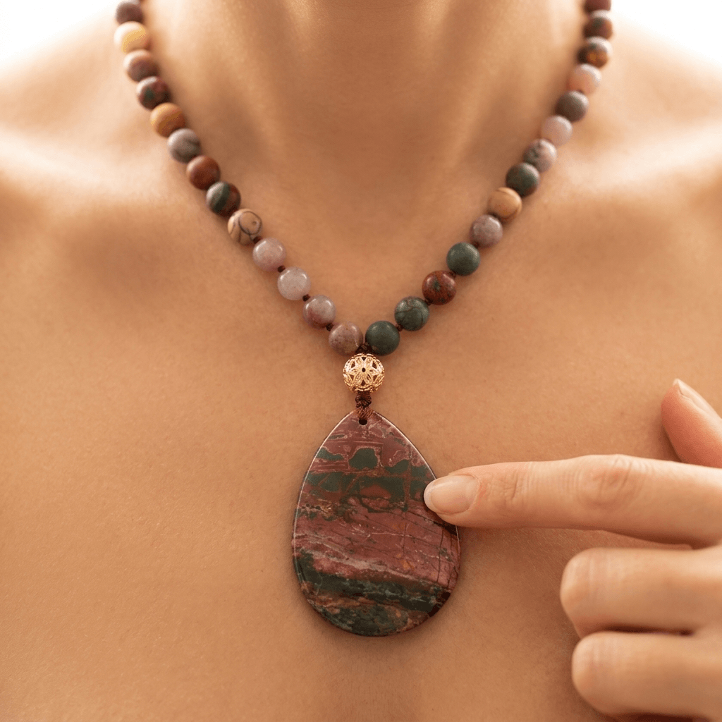 Natural Red Jasper Teardrop Pendant Beaded Necklace