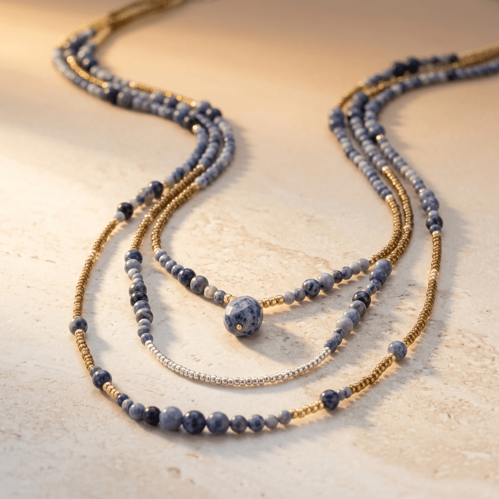 Blue Sodalite Gold Beaded Layered Necklace