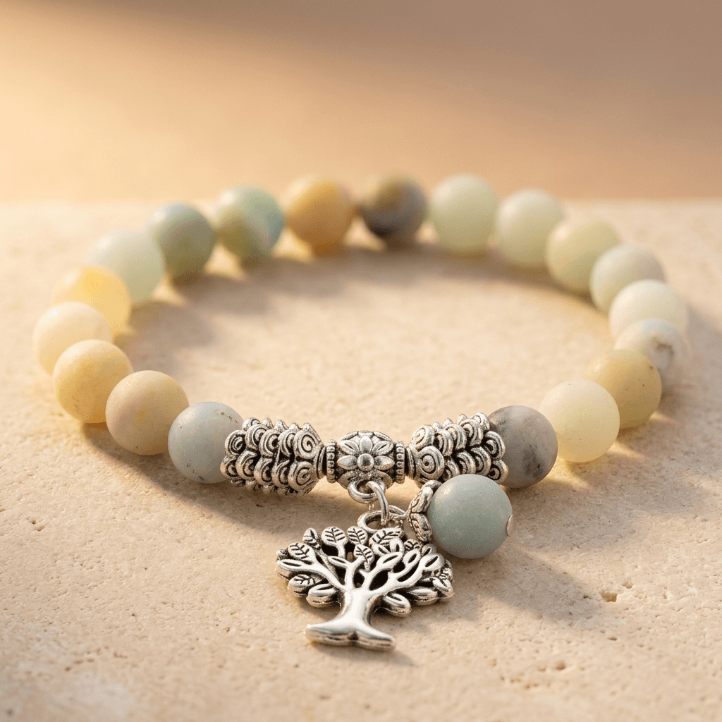 Natural Amazonite Silver Tree Of Life Bracelet