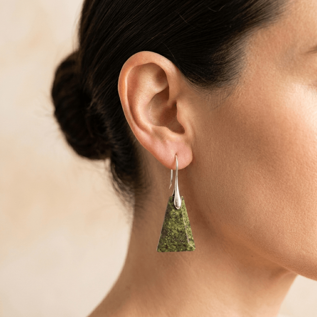 Natural Green Jasper Pyramid Silver Earrings