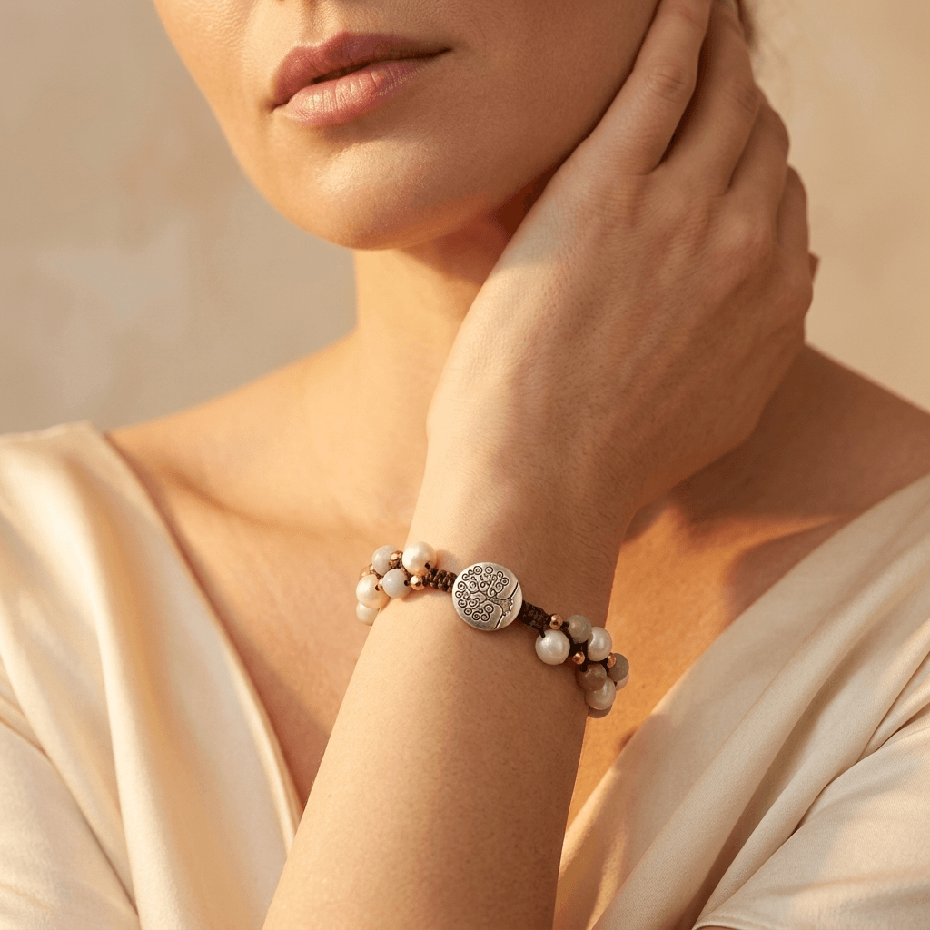 Natural Pearl Amazonite Silver Tree Bracelet