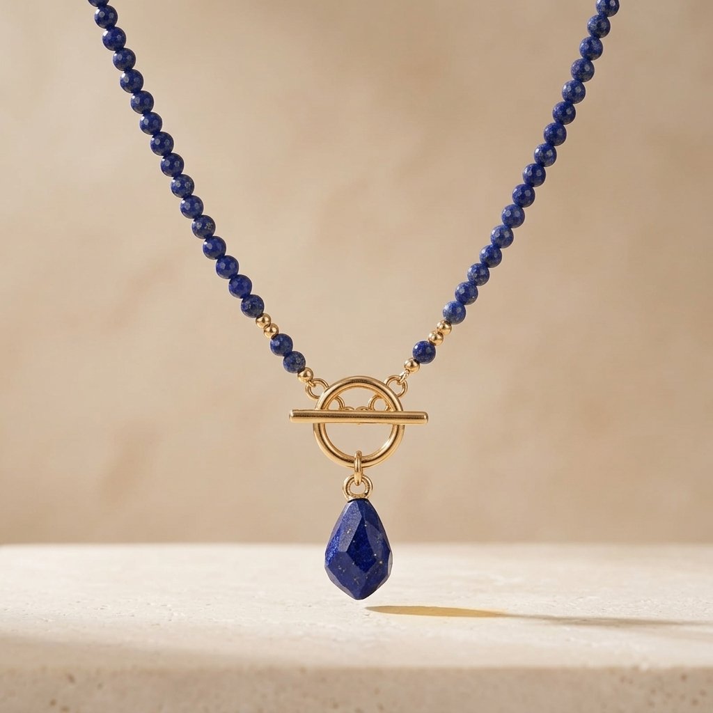 Gold Lapis Lazuli Beaded Teardrop Necklace