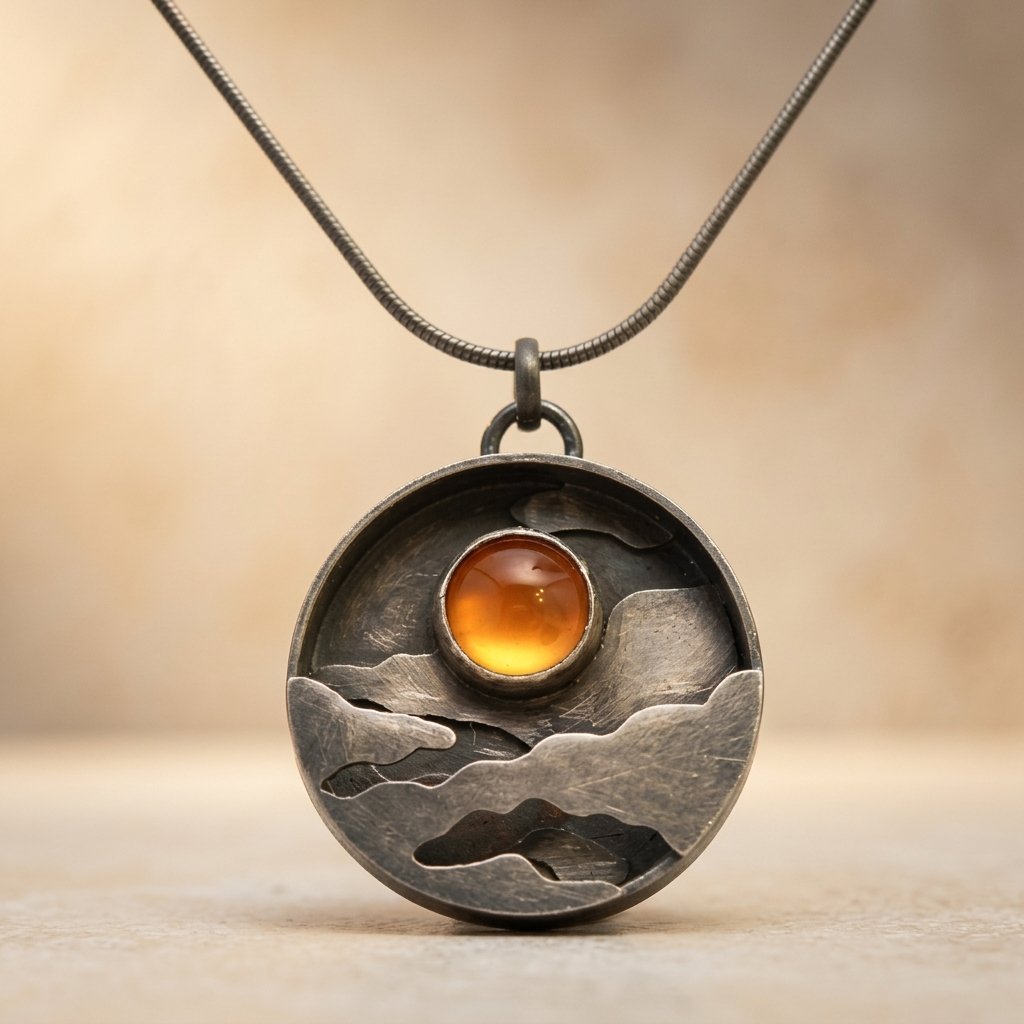 Retro Silver Amber Mountain Landscape Necklace