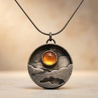 Retro Silver Amber Mountain Landscape Necklace