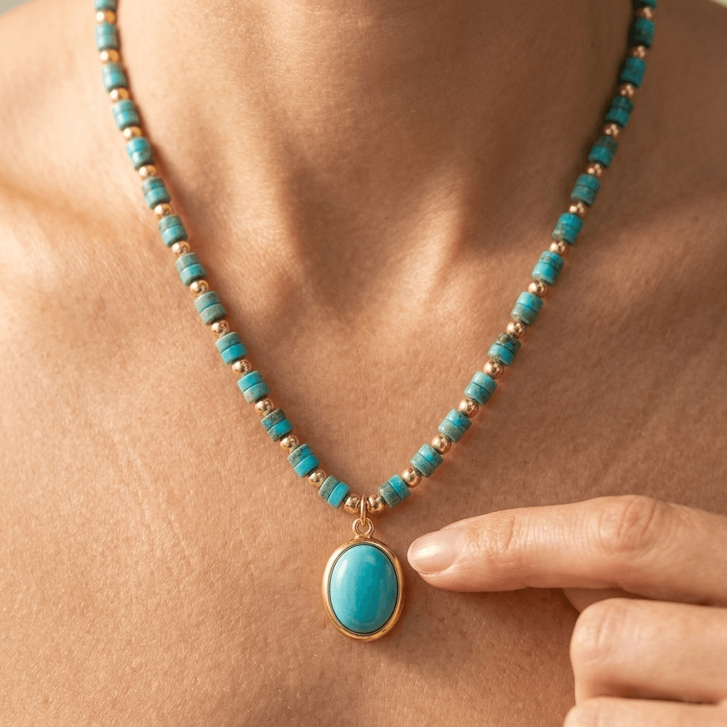 Turquoise Gold Beaded Oval Pendant Necklace