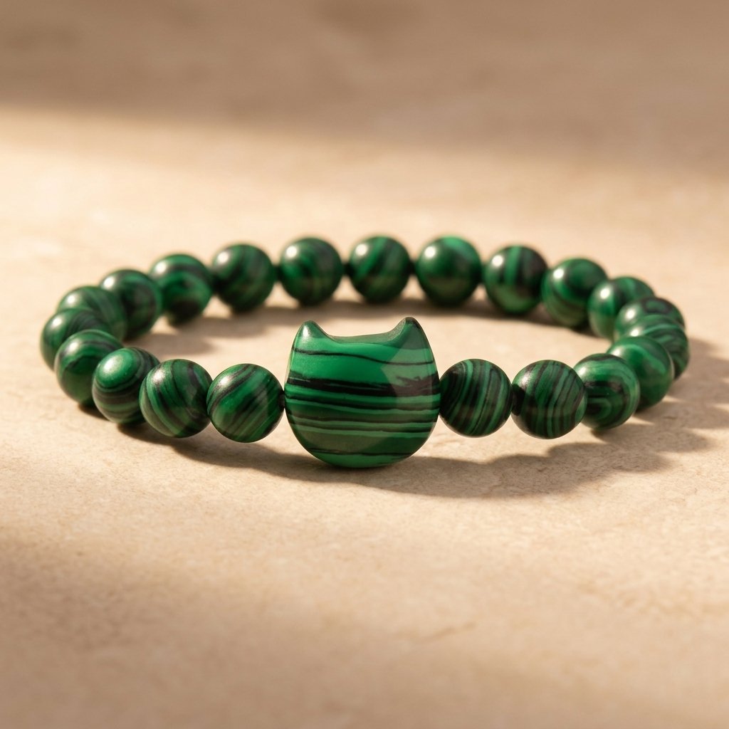 Natural Malachite Cat Head Round Beads Bracelet