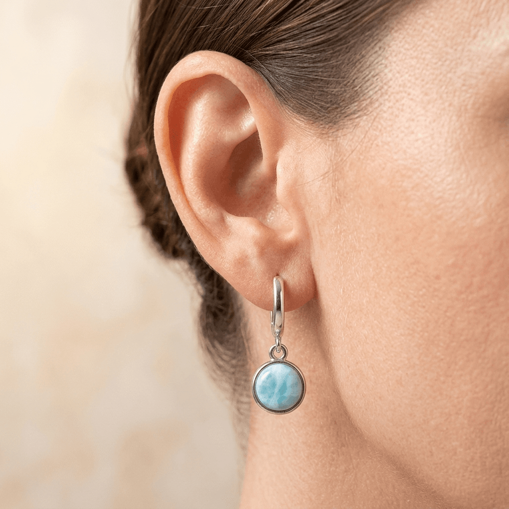 Silver Larimar Round Drop Hoop Earrings