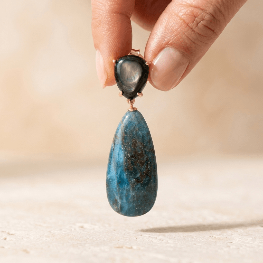 Blue Apatite Shell Pearl Gold Drop Earrings