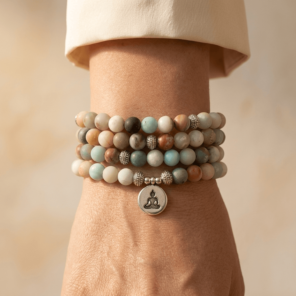 Matte Amazonite Gemstone Beaded Buddha Bracelet