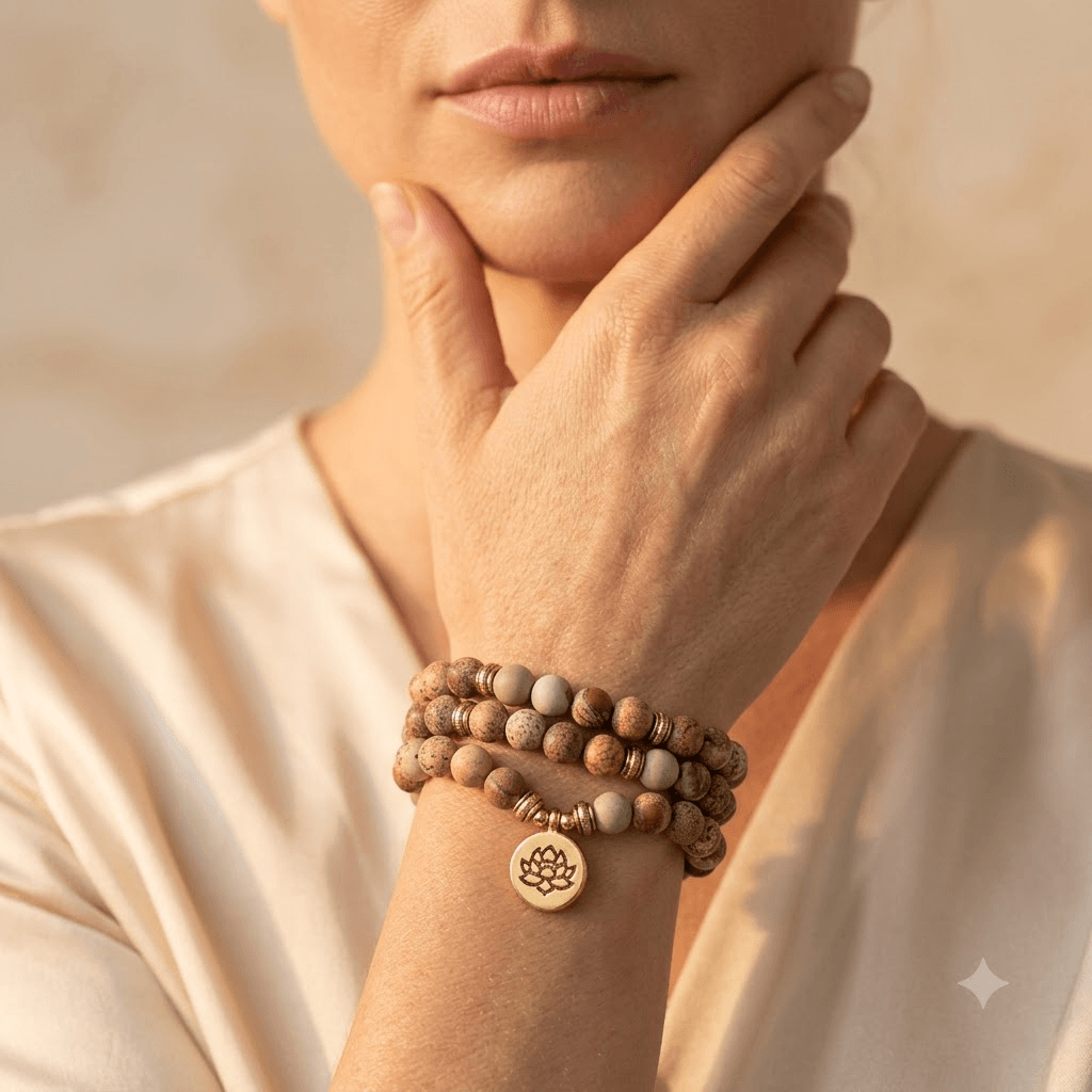 Matte Picture Jasper Mala Bead Bracelet