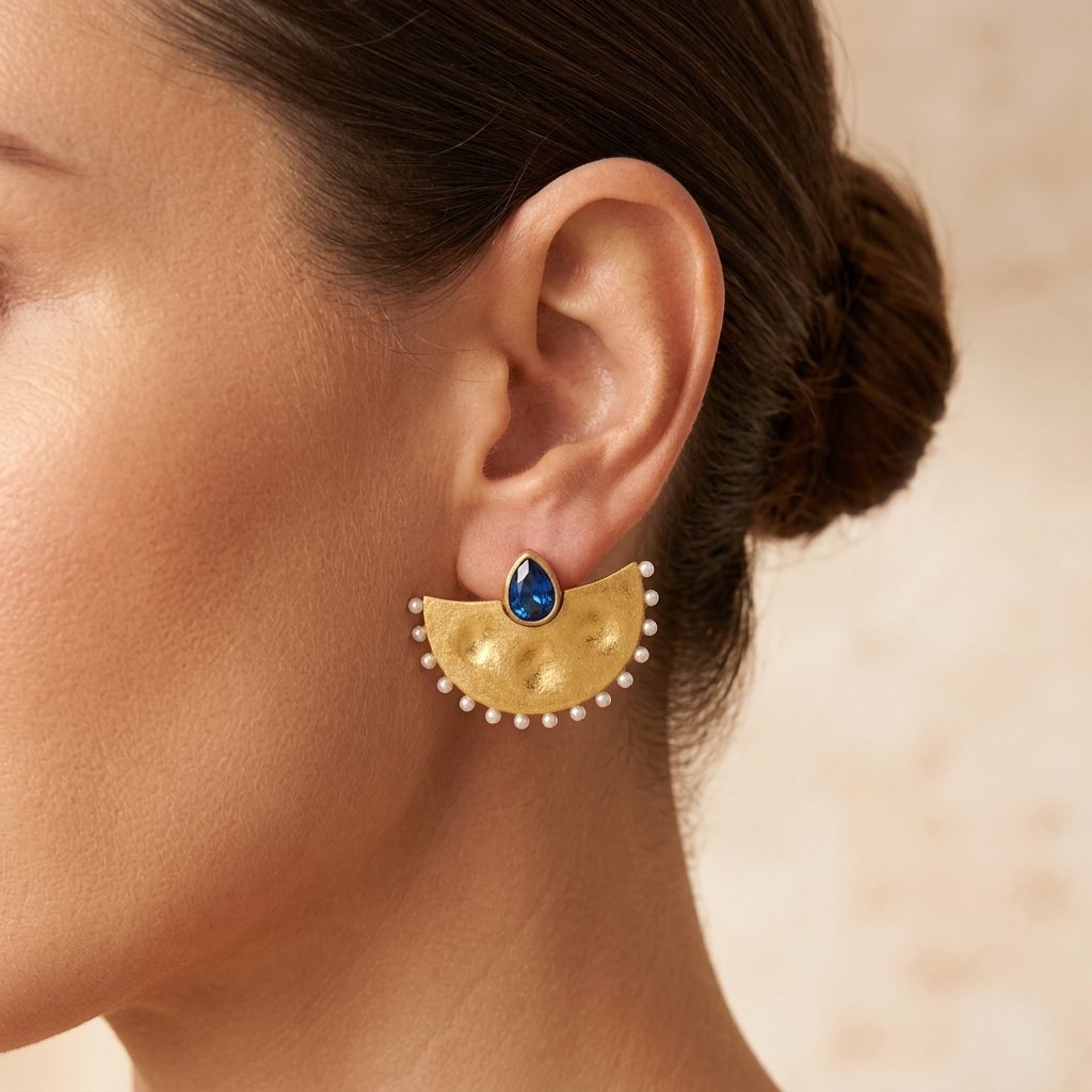 Boho Gold Hammered Fan Blue Sapphire Earrings