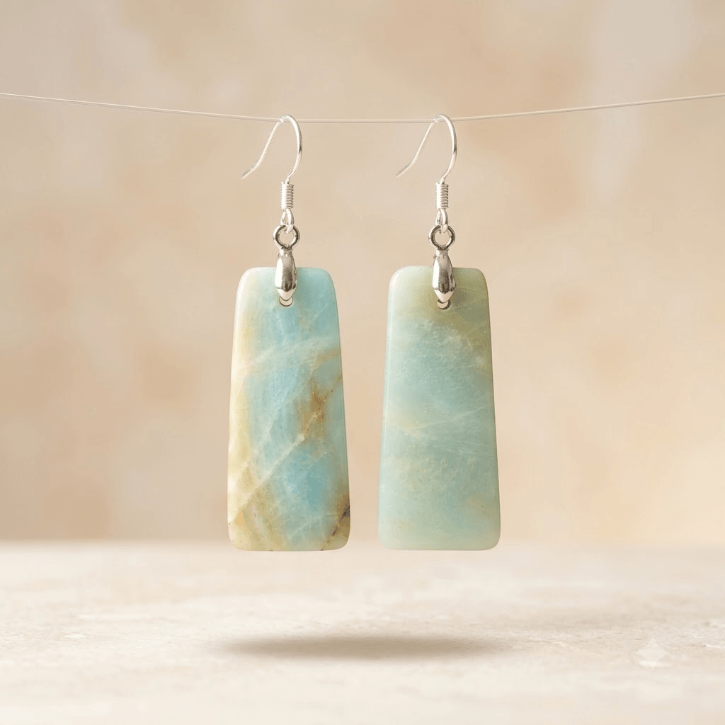Natural Amazonite Silver Rectangle Drop Earrings