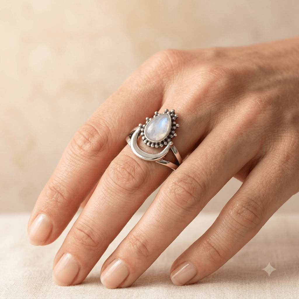 Boho Sterling Silver Moonstone Teardrop Ring