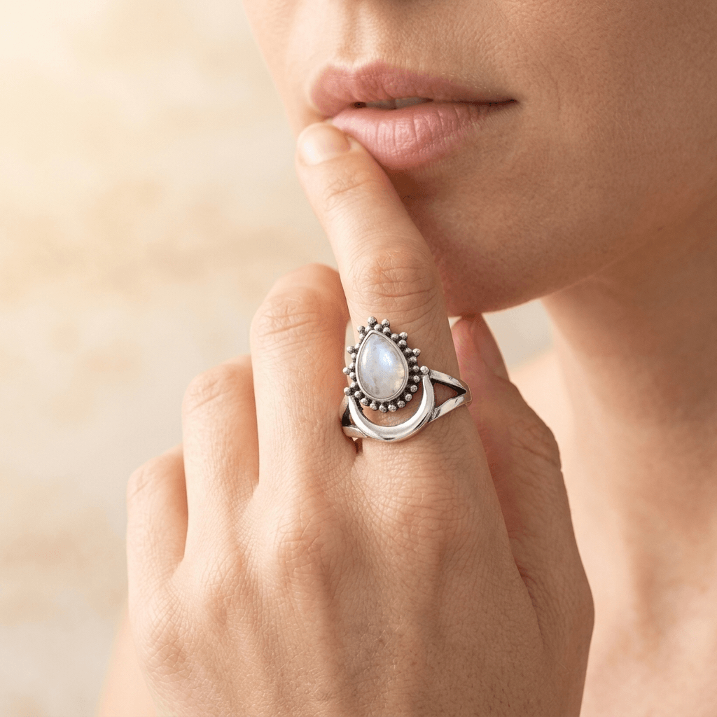 Boho Sterling Silver Moonstone Teardrop Ring