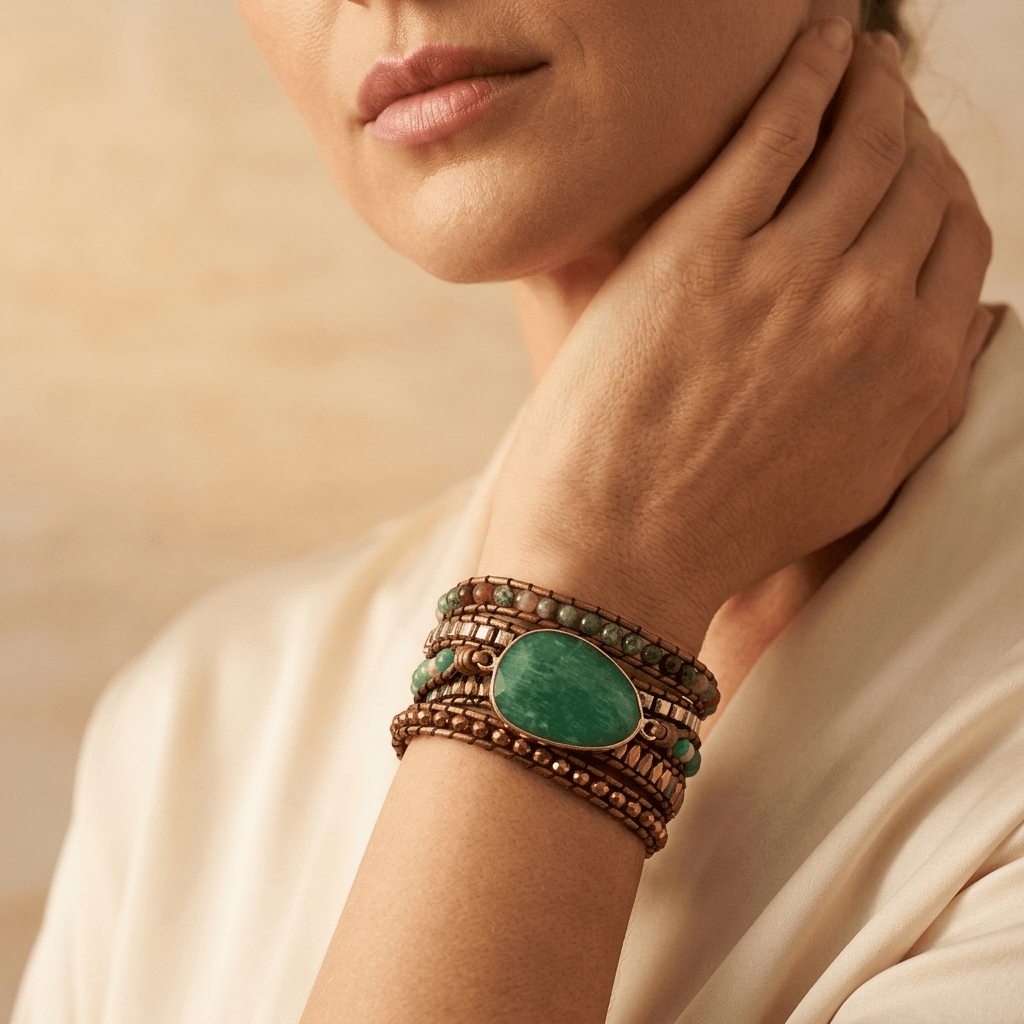 Green Aventurine Beaded Leather Wrap Bracelet
