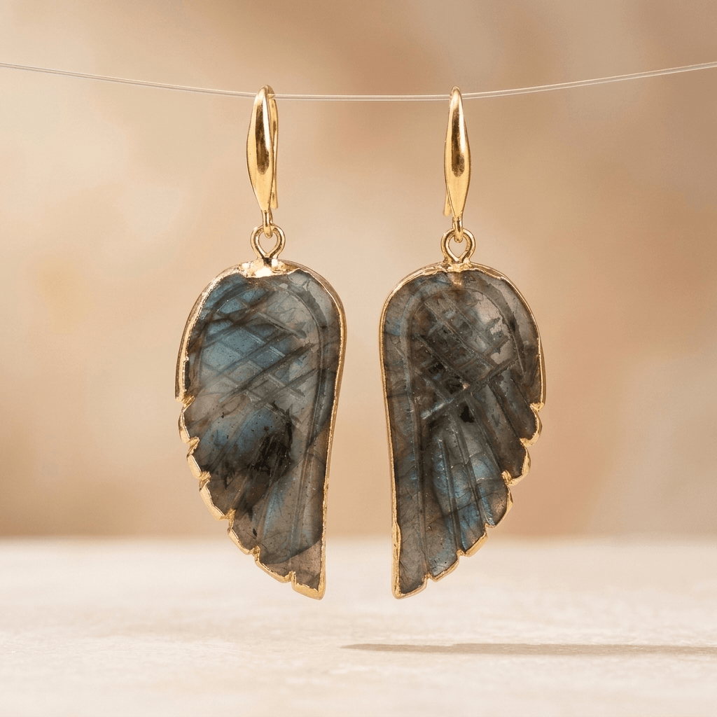 Natural Labradorite Gold Angel Wing Earrings