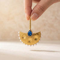 Boho Gold Hammered Fan Blue Sapphire Earrings