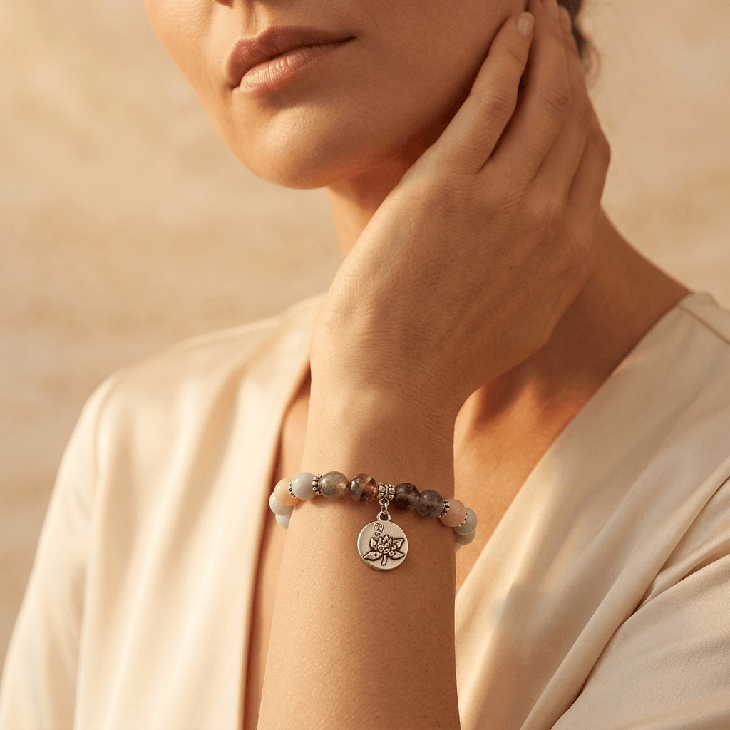 Aquamarine Amethyst Silver Lotus Charm Beaded Bracelet