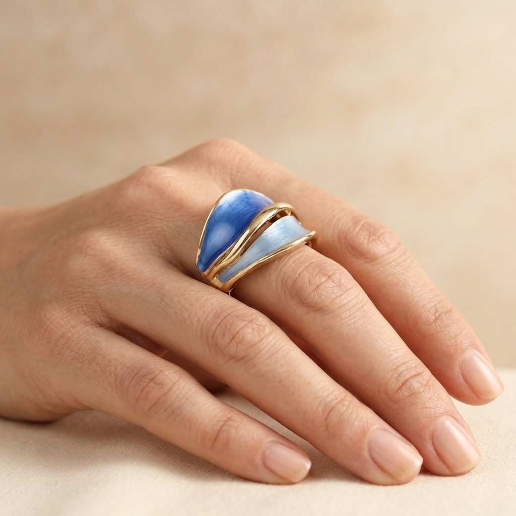 Gold Blue Enamel Layered Wave Ring