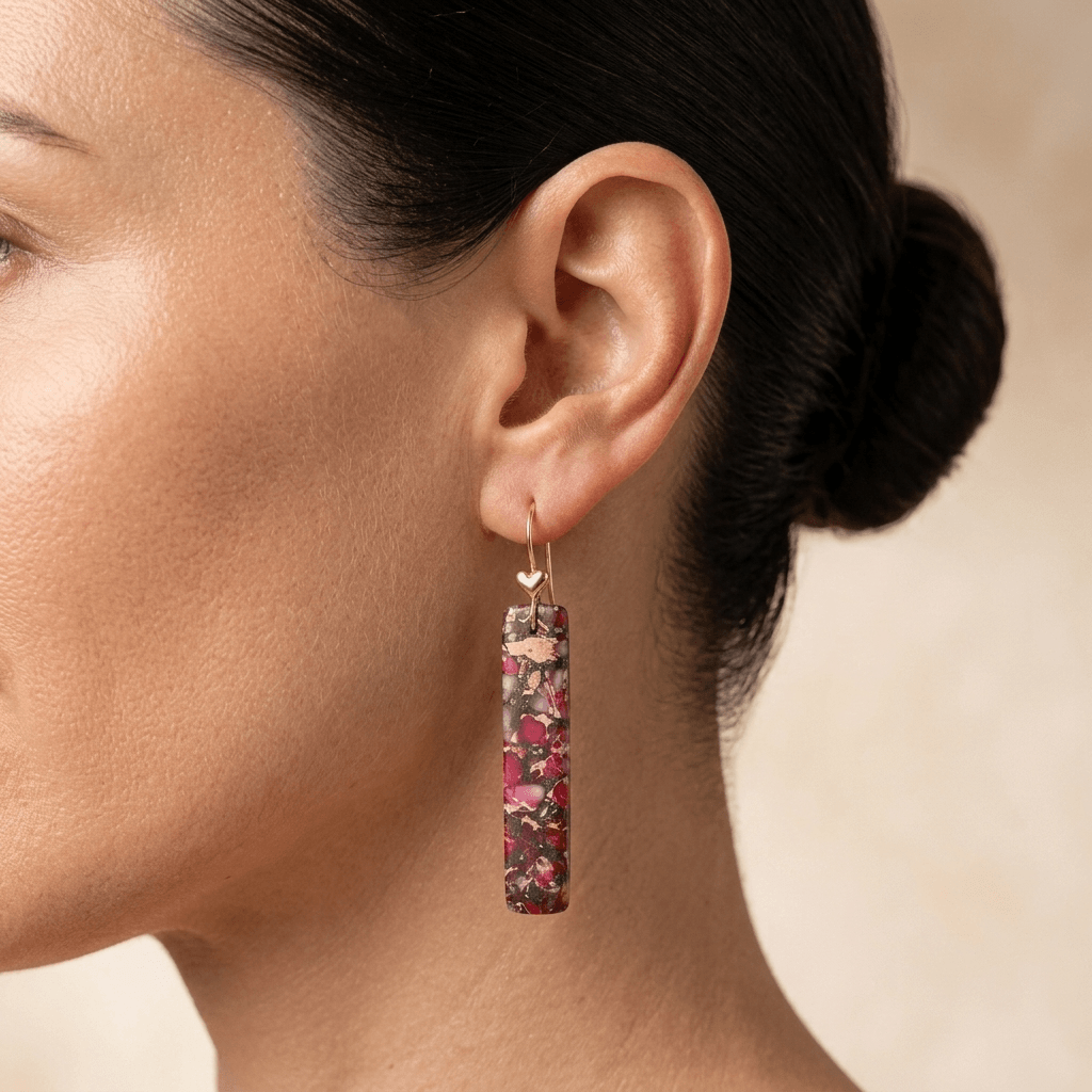 Pink Red Jasper Gold Heart Drop Earrings
