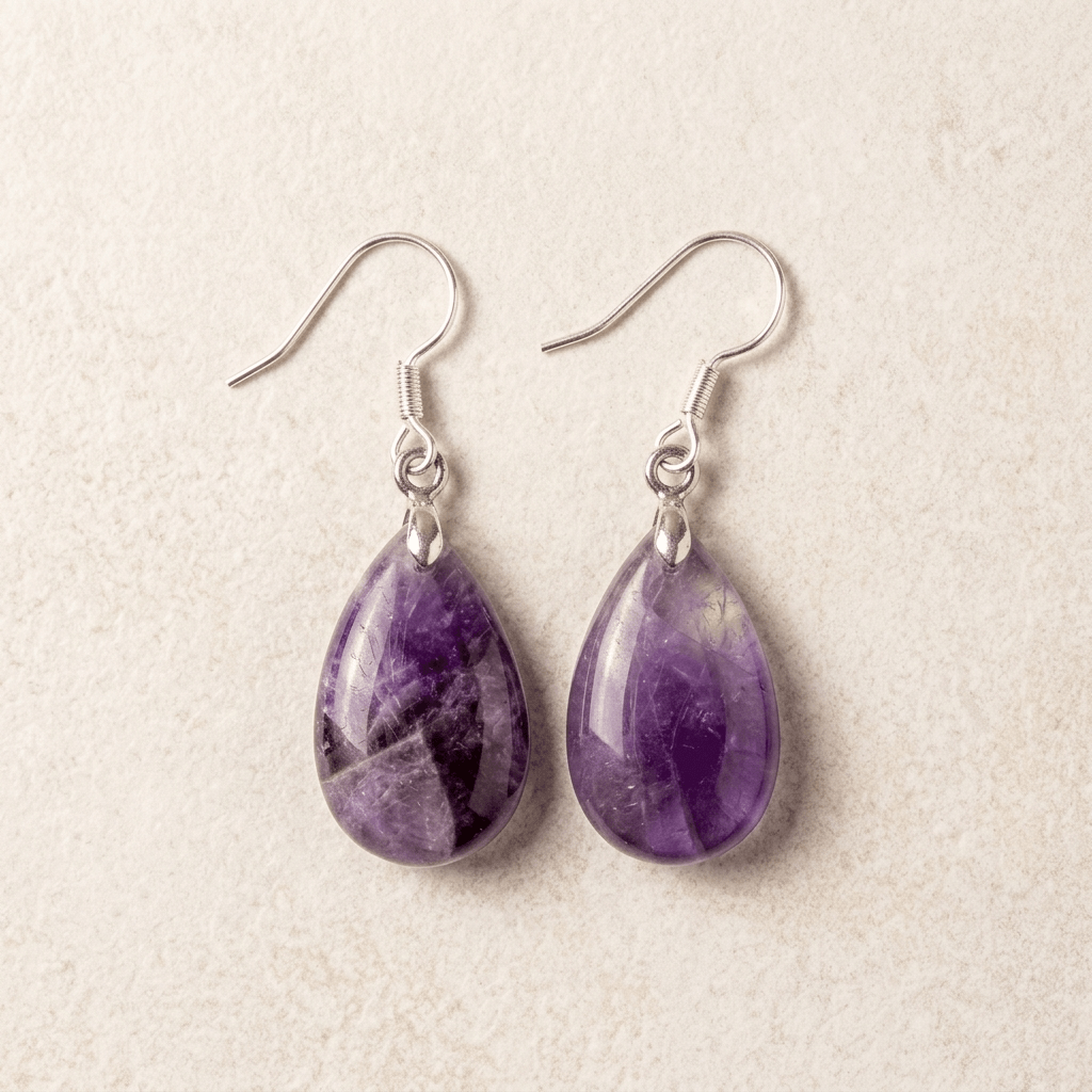 Natural Amethyst Silver Teardrop Drop Earrings