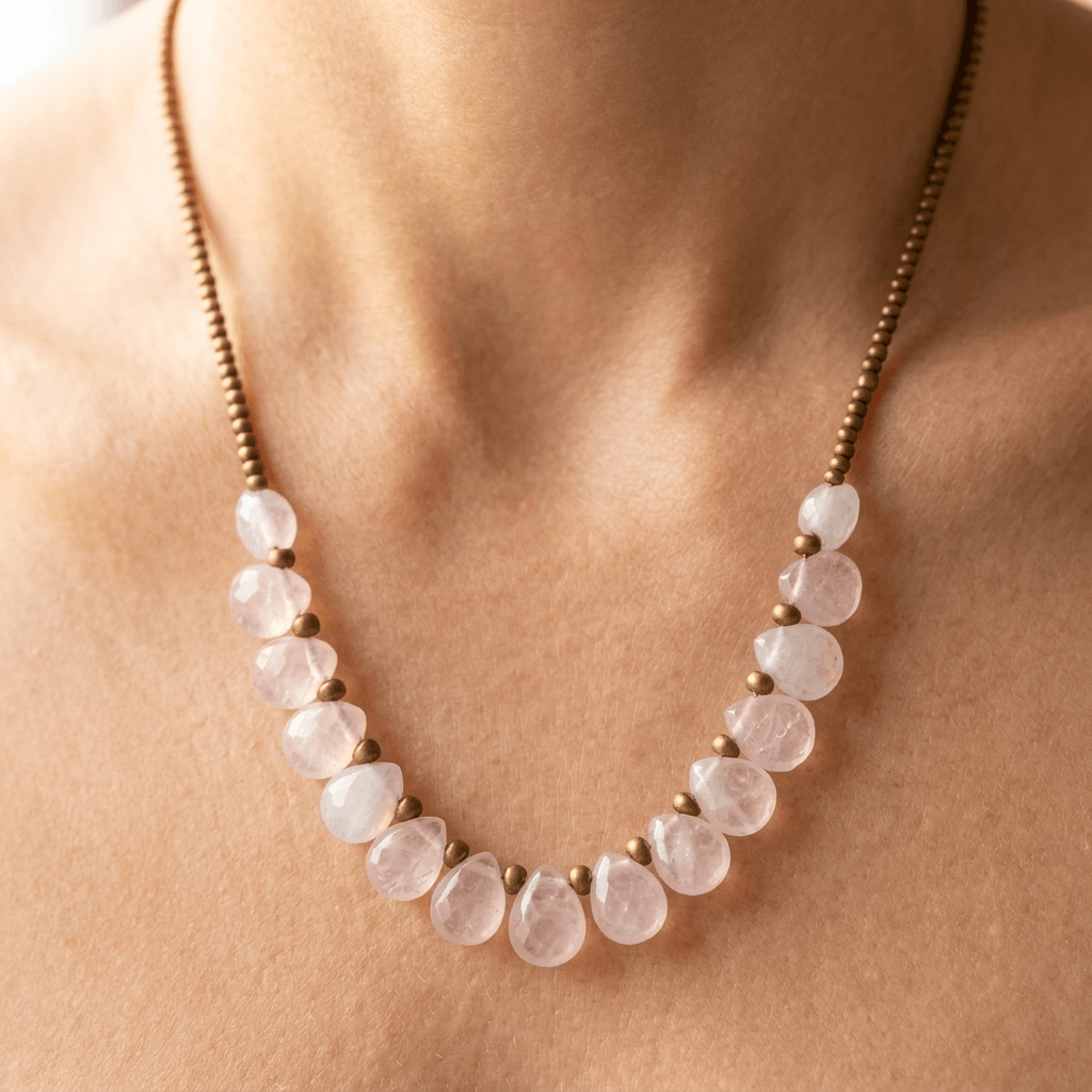 Rose Quartz Teardrop Brass Beaded Necklace