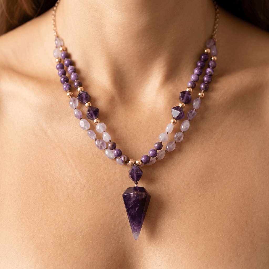 Amethyst Purple Jasper Gold Beaded Necklace