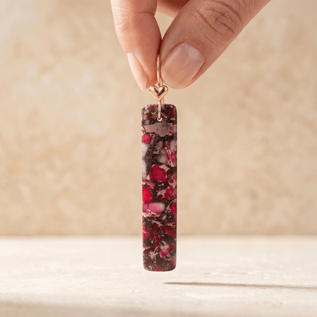 Pink Red Jasper Gold Heart Drop Earrings