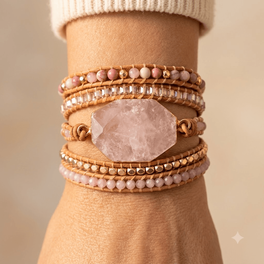 Rose Quartz Copper Beaded Wrap Bracelet