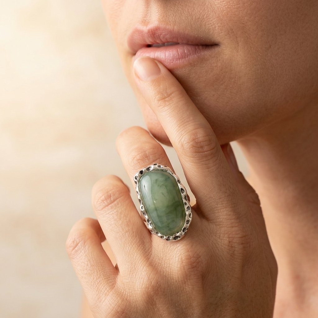 Vintage Silver Prehnite Filigree Oval Ring