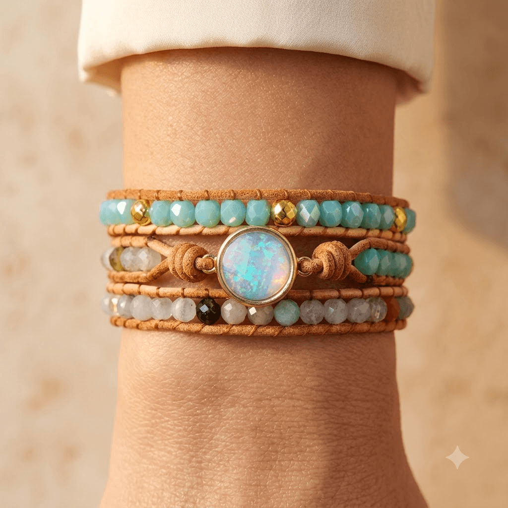 Boho Leather Aqua Gemstone Wrap Bracelet