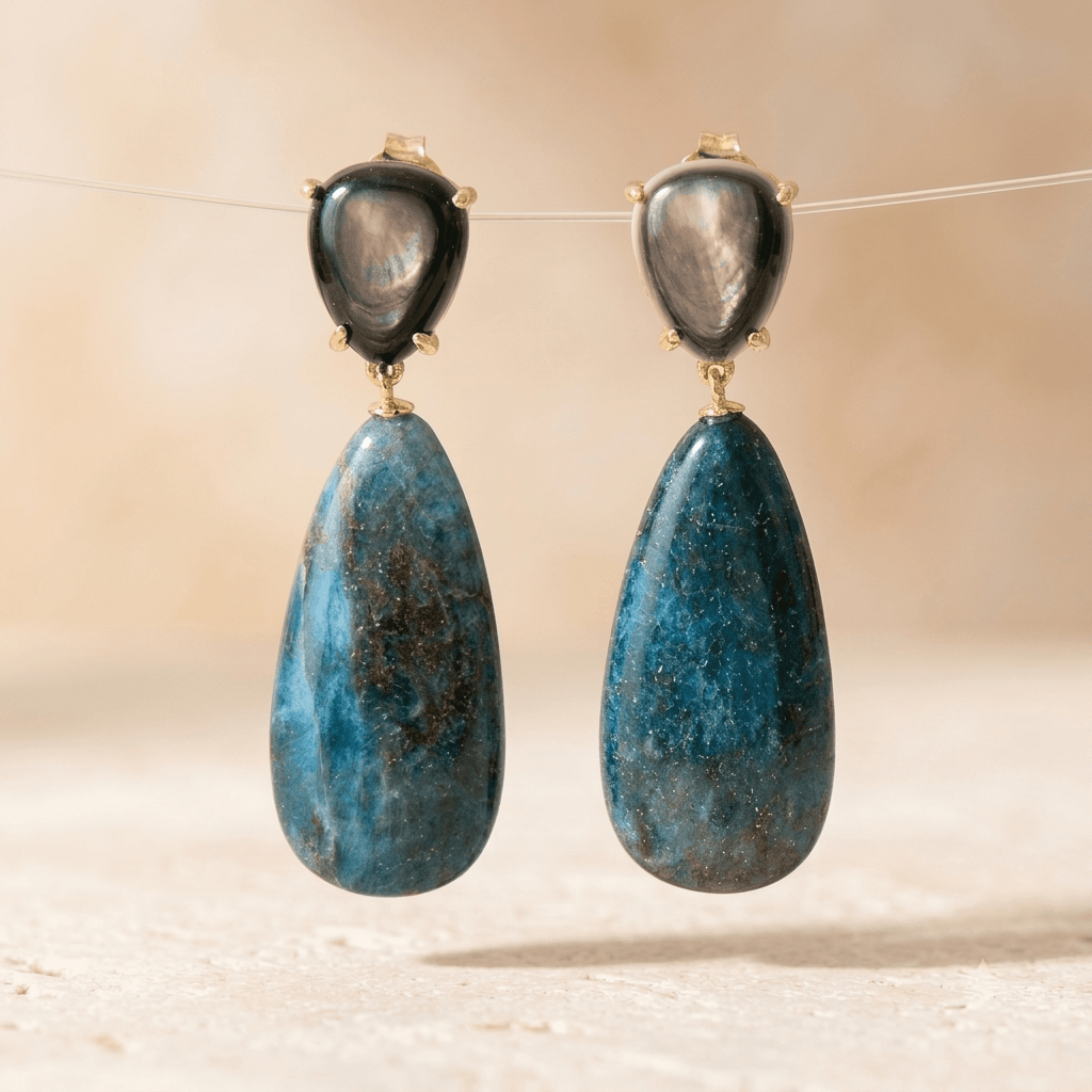 Blue Apatite Shell Pearl Gold Drop Earrings