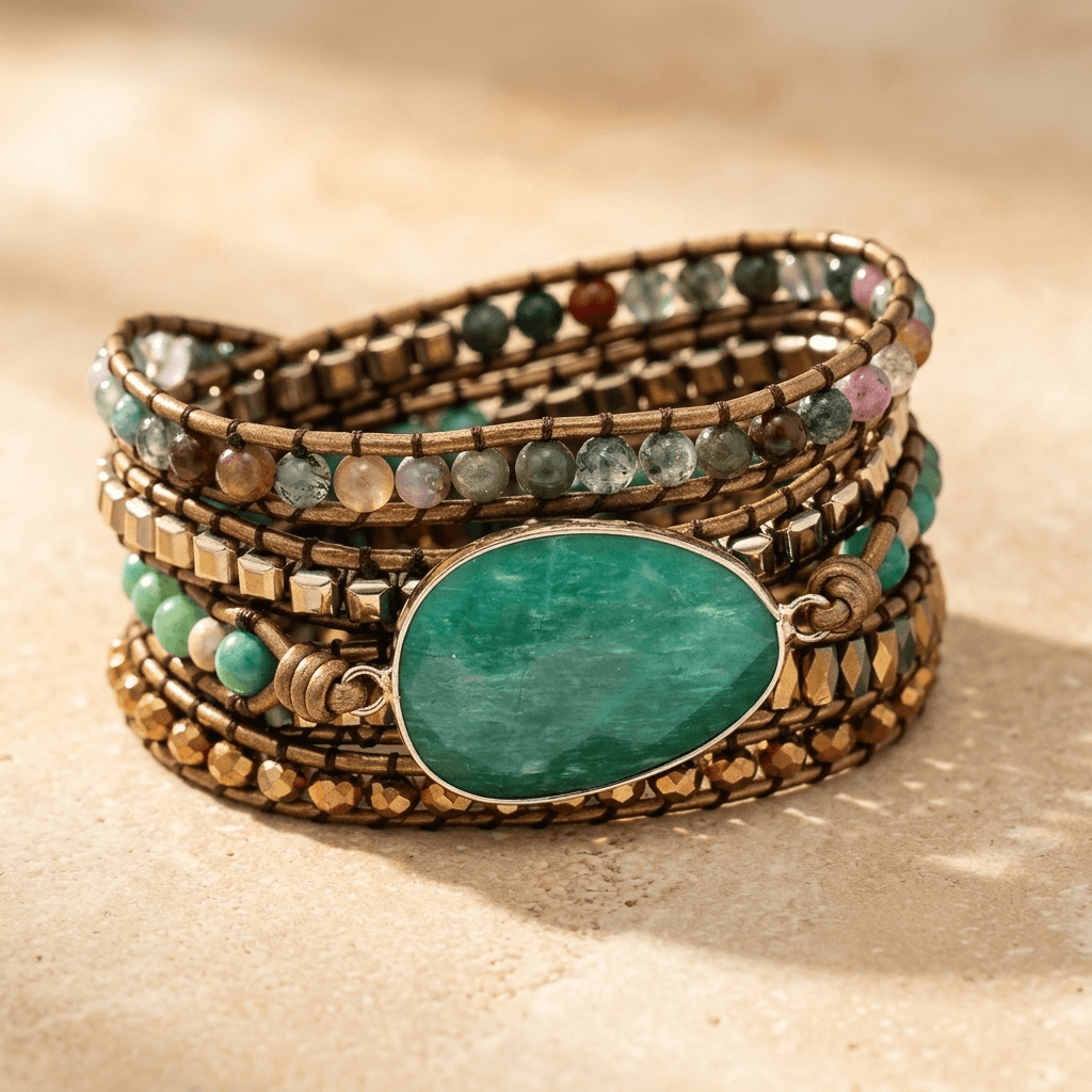 Green Aventurine Beaded Leather Wrap Bracelet
