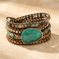 Green Aventurine Beaded Leather Wrap Bracelet