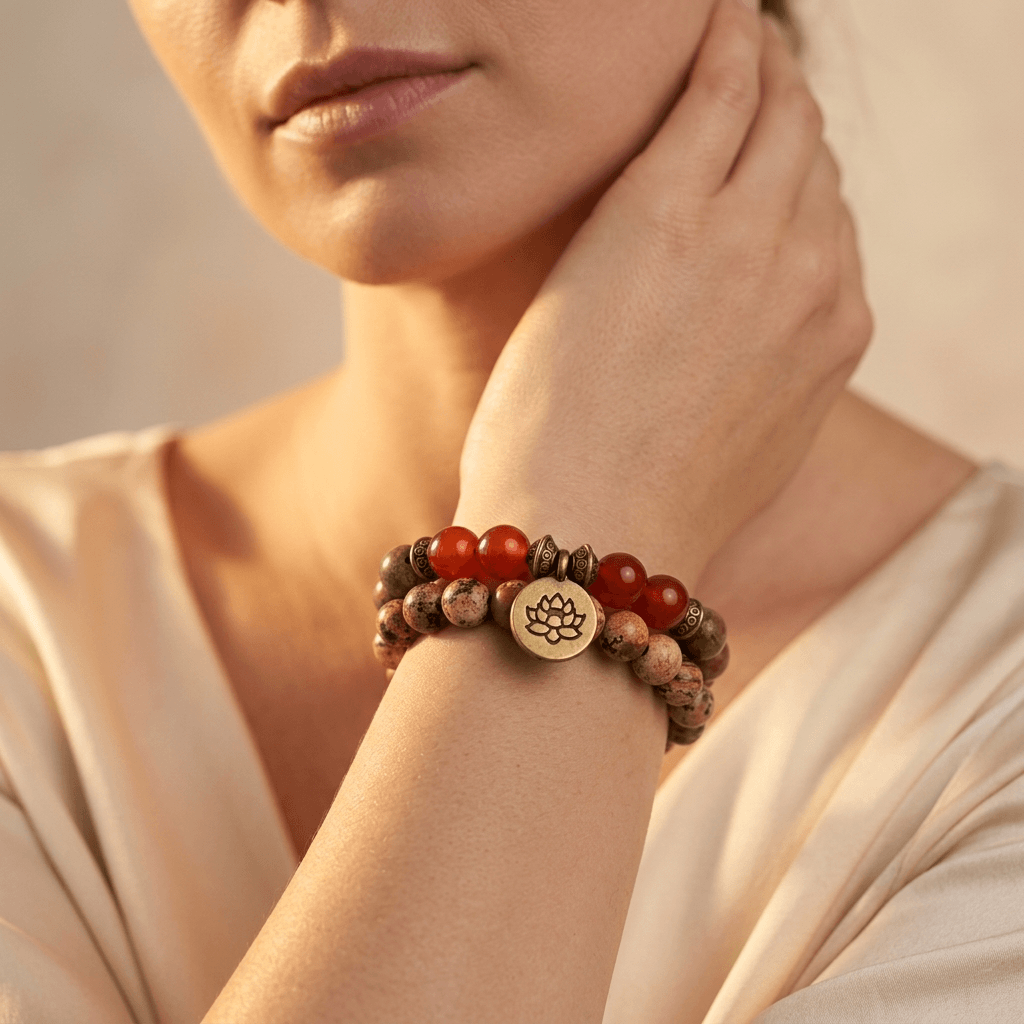 Natural Jasper Carnelian Lotus Charm Bracelet