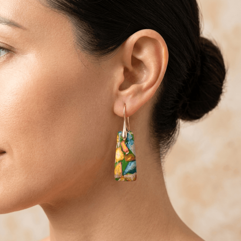 Colorful Mosaic Jasper Gold Drop Earrings