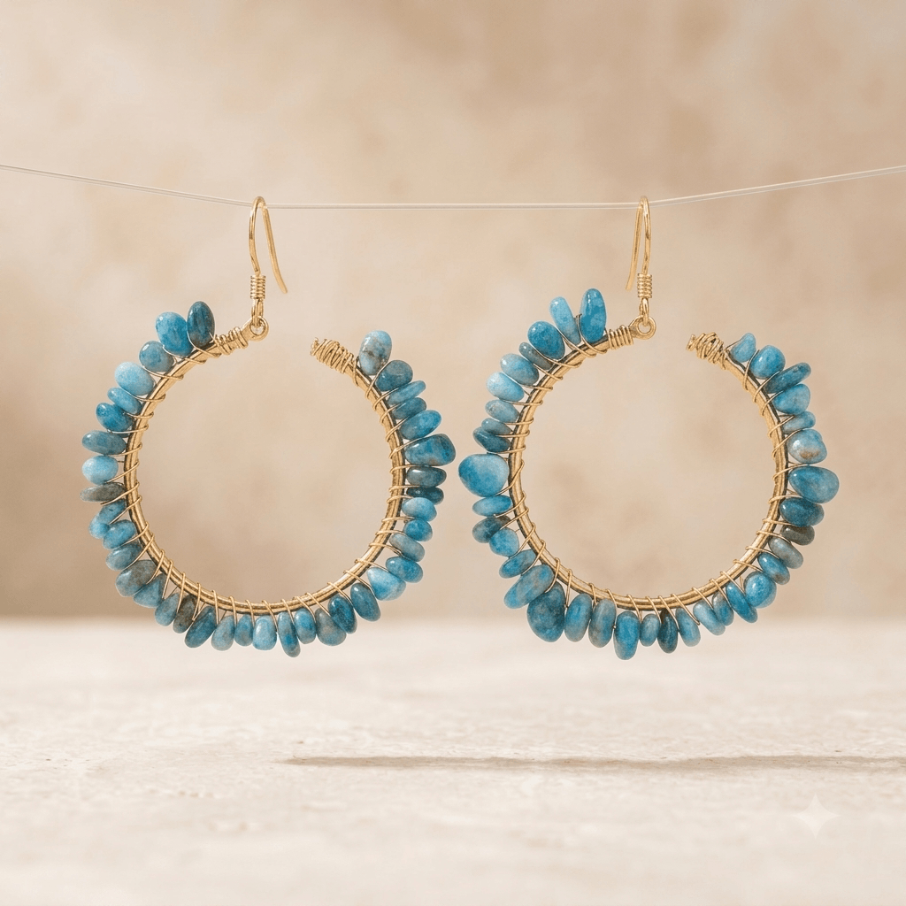 Blue Apatite Gold Wire Hoop Earrings