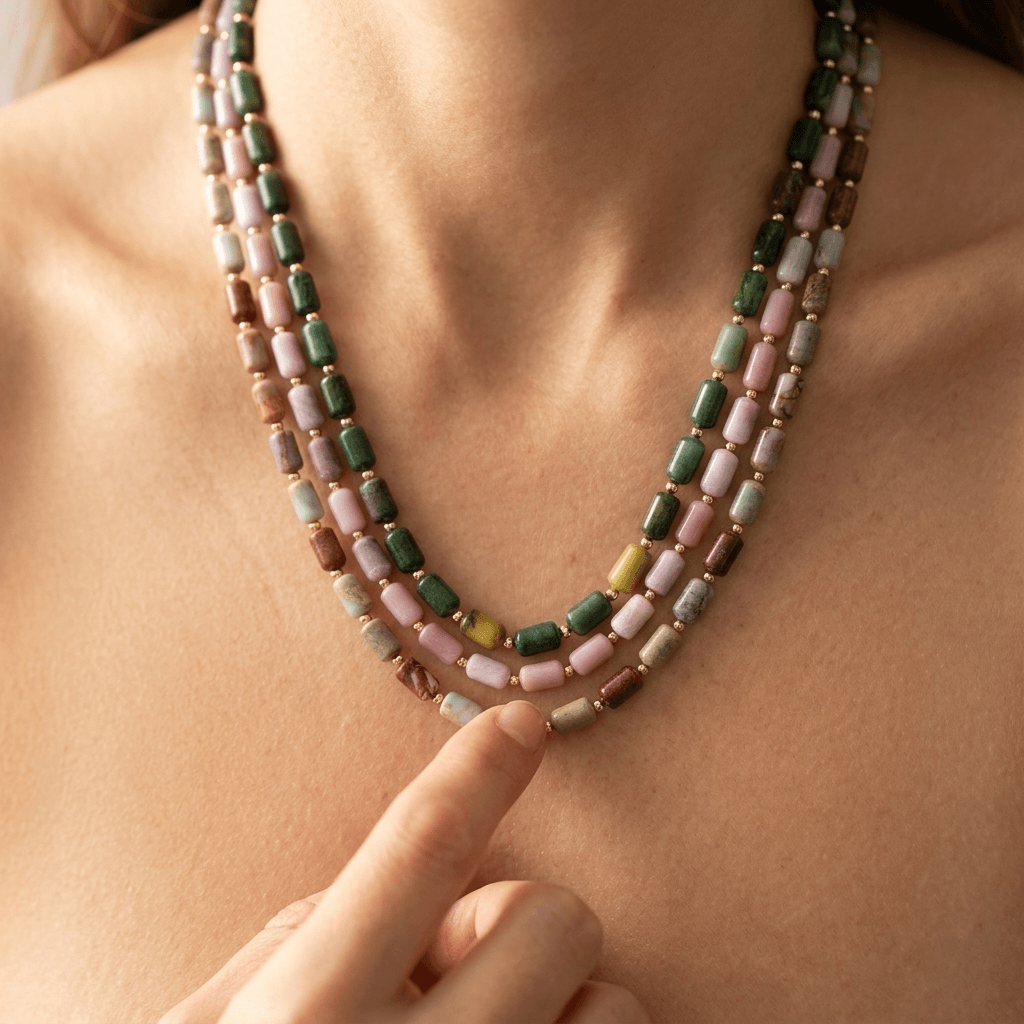 Multi Gemstone Barrel Beads Gold Layered Necklace